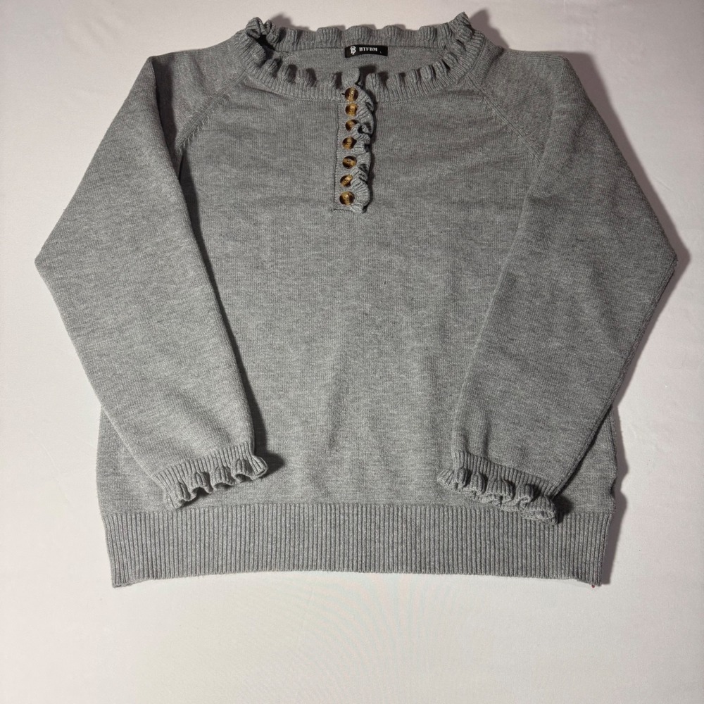 BTFBM Womens Gray Ruffle Trim Button Front Raglan Sleeve Knit Sweater Large‎